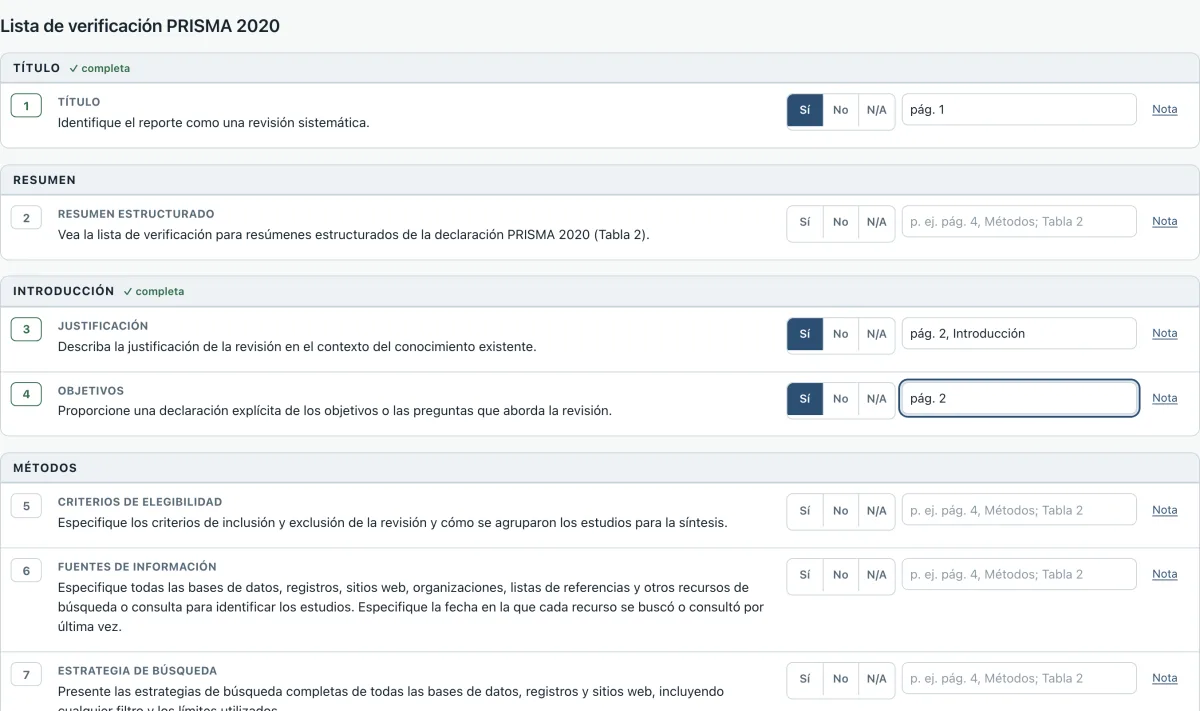 PRISMA 2020 checklist with the status and location of the first items filled in